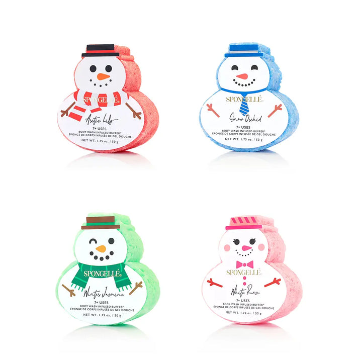 Four snowman-shaped bath bombs arranged in a 2x2 grid on a white background. Each snowman is made of layered colored bath salts and has a white paper label with the brand name SPUNNELLIE.