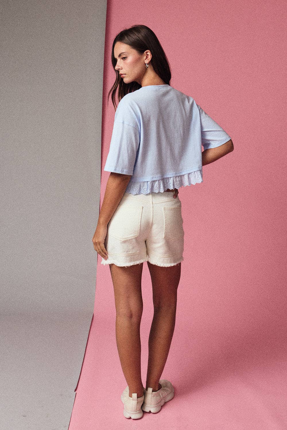 Eyelet and Boxy Knit Top in Light Blue Scalloped Crew Neck