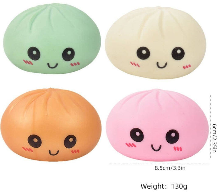 Four colorful bun-shaped squishies with faces on a white background
