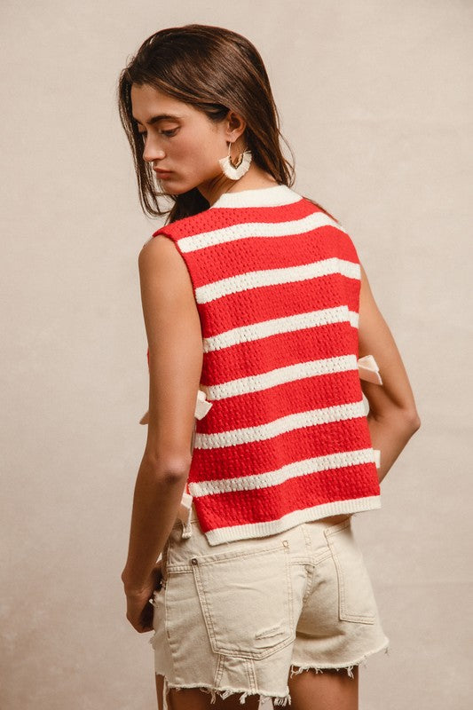 Side Tied Vest in Red Stripe