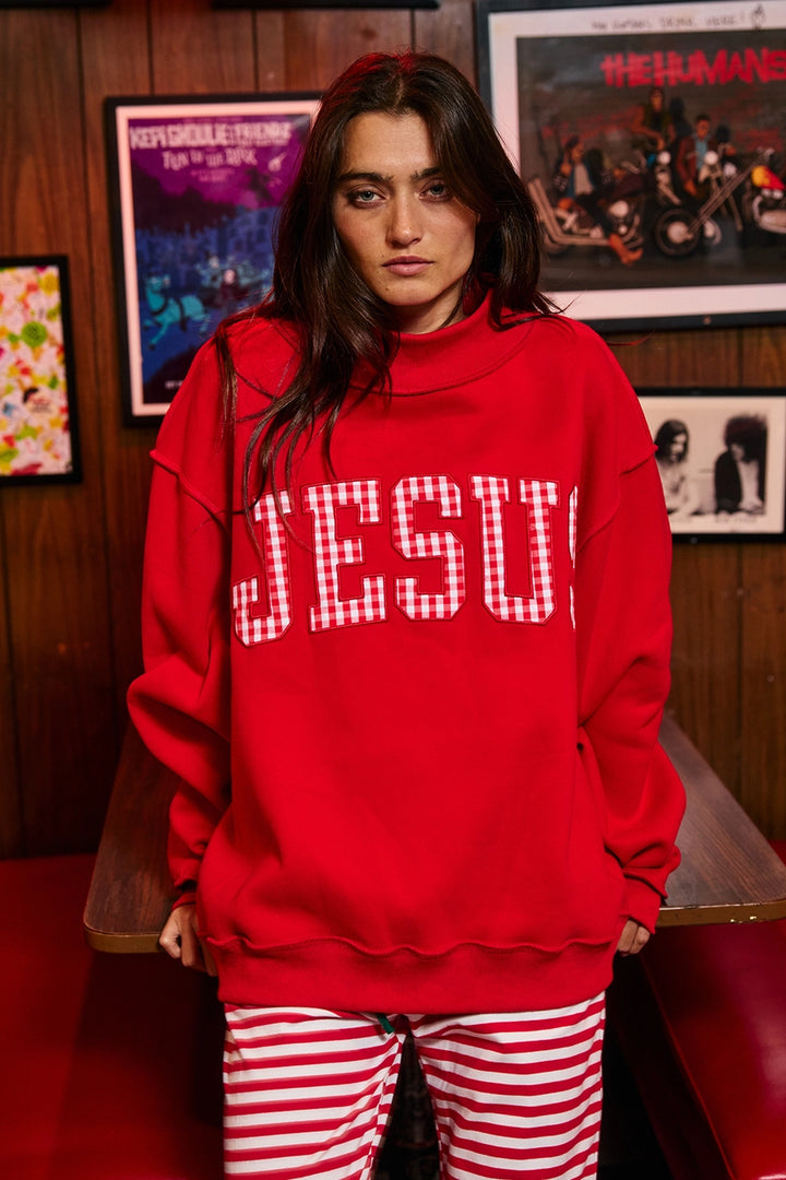 Red sweatshirt with Plaid