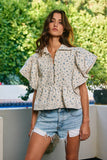 Pintuck and Denim Floral Print Top