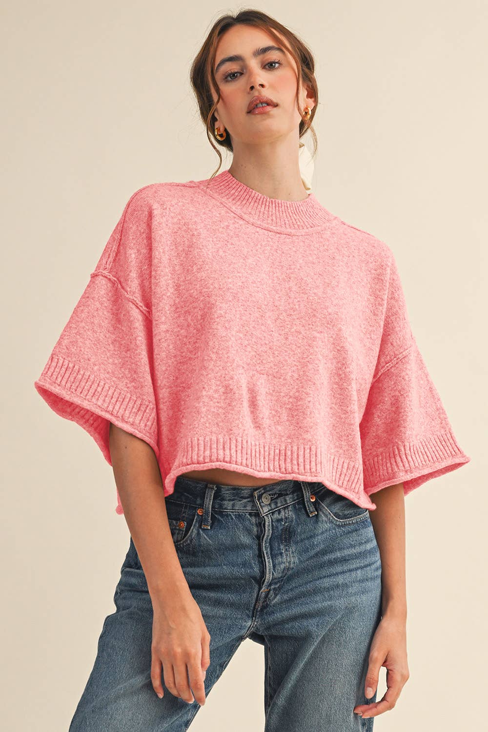 Marled Knit Sweater in Pink Denim Ribbed Short Sleeve