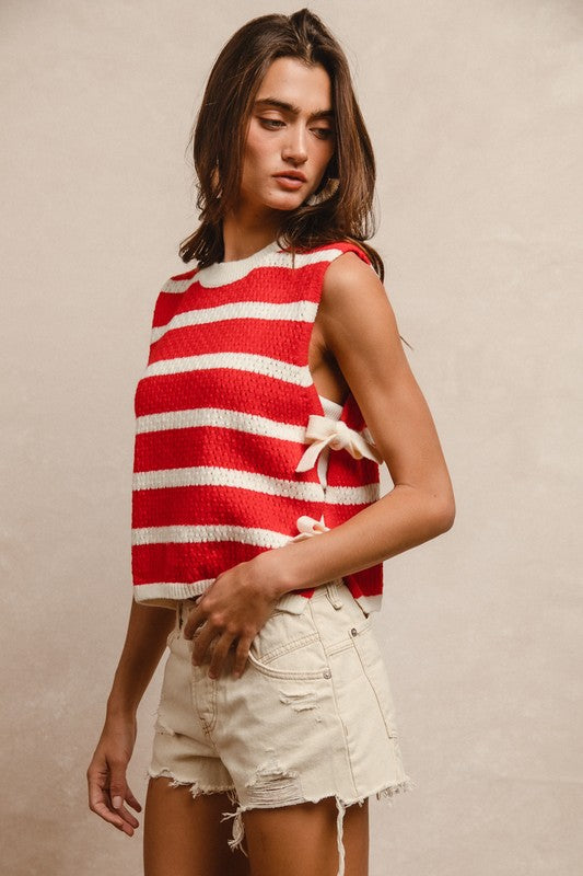 Side Tied Vest in Red Stripe