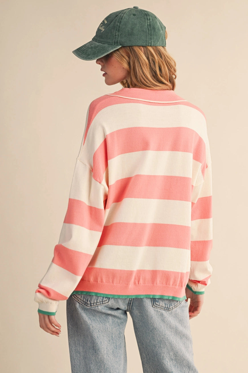 Striped Rugby Sweater in Ivory and Coral Ribbed Long Sleeve