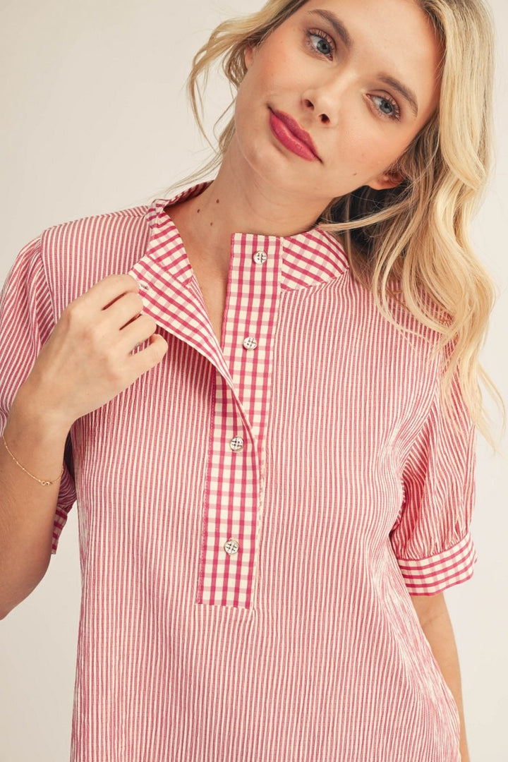 Pink and Gingham Top Denim Stripe Short Sleeve