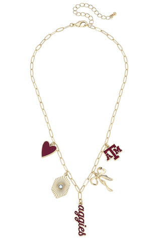 Necklace with multiple charms including a heart, star, and 'AG' letter on a white background