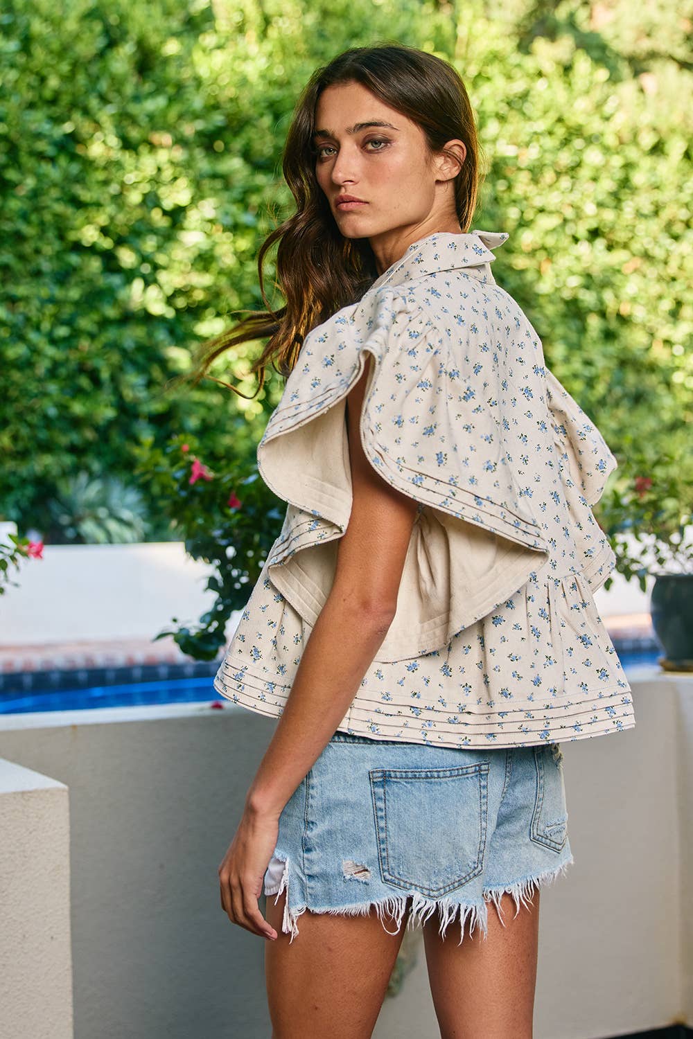 Pintuck and Denim Floral Print Top Relaxed