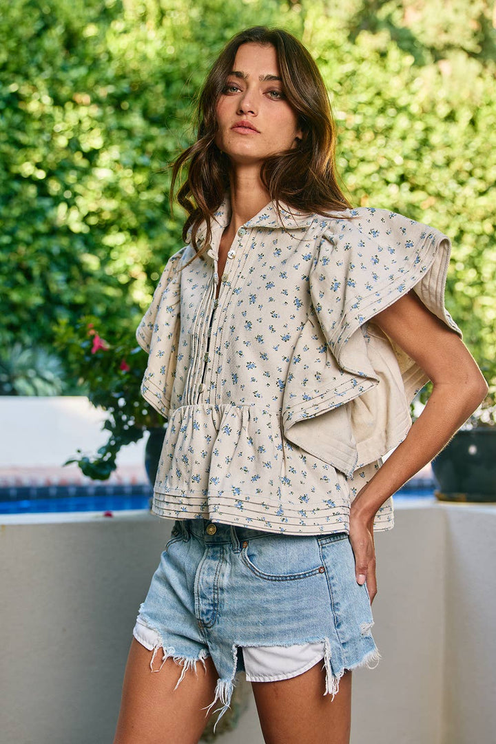 Pintuck and Denim Floral Print Top Relaxed