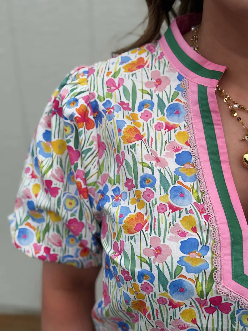Close-up of a colorful floral dress with a white background