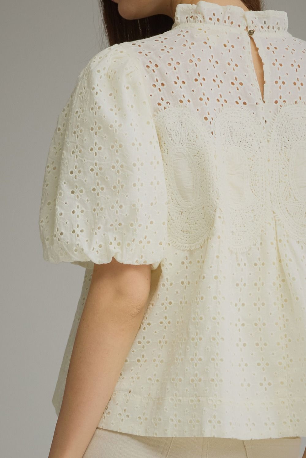 A close-up of a woman wearing a cream-colored eyelet blouse with puff sleeves and a high ruffled collar, shown from the back against a neutral gray background.