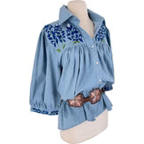 Bluebonnet Cowgirl Blouse Denim Puff Sleeve