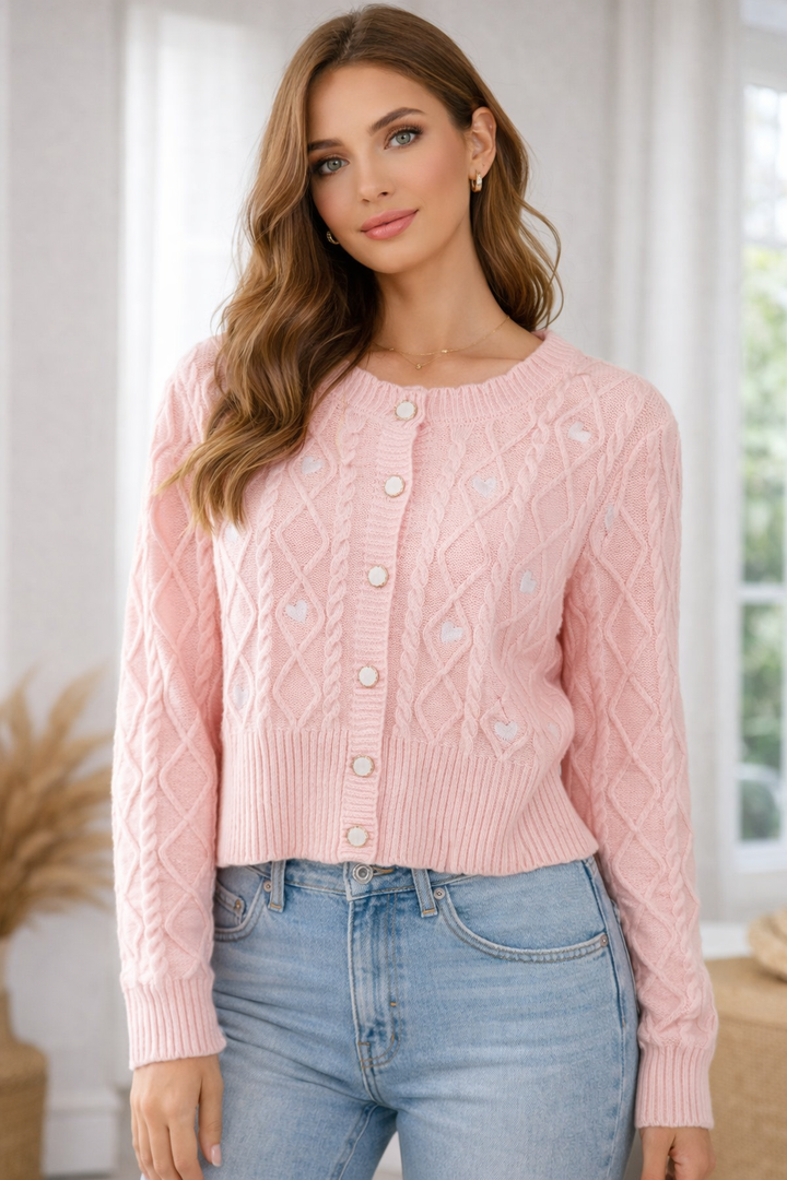 Heart Embroidered Cardigan Cable Knit Long Sleeve