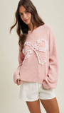 PLAID BOW BRUSHED SWEATER in Pink