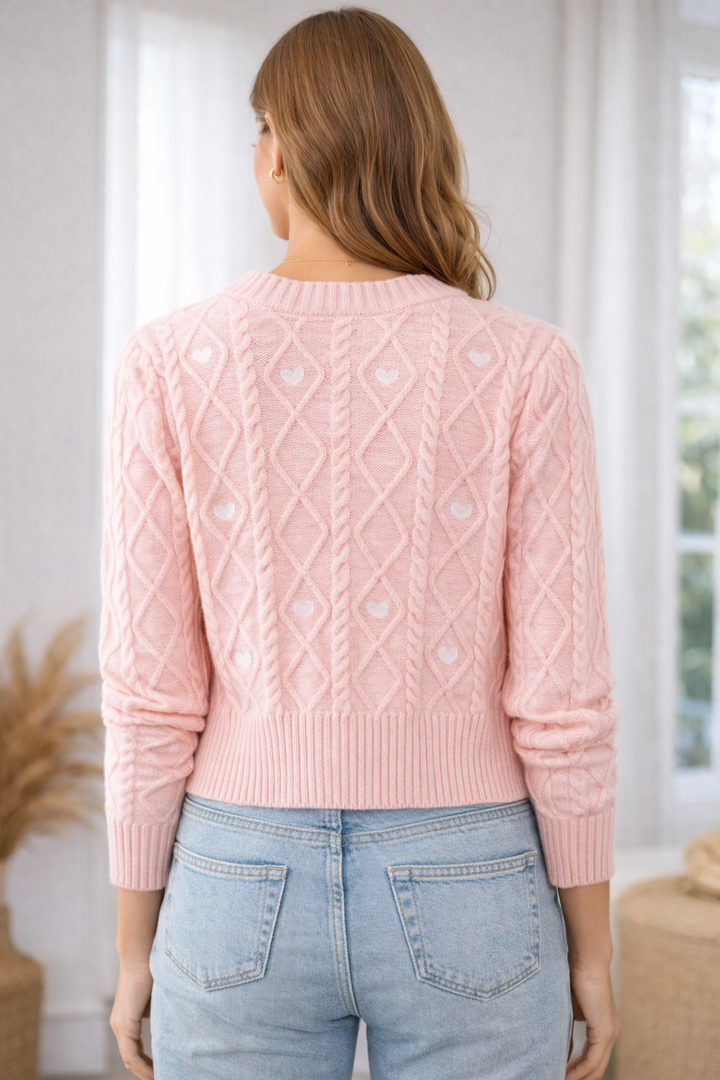 Heart Embroidered Cardigan Cable Knit Long Sleeve