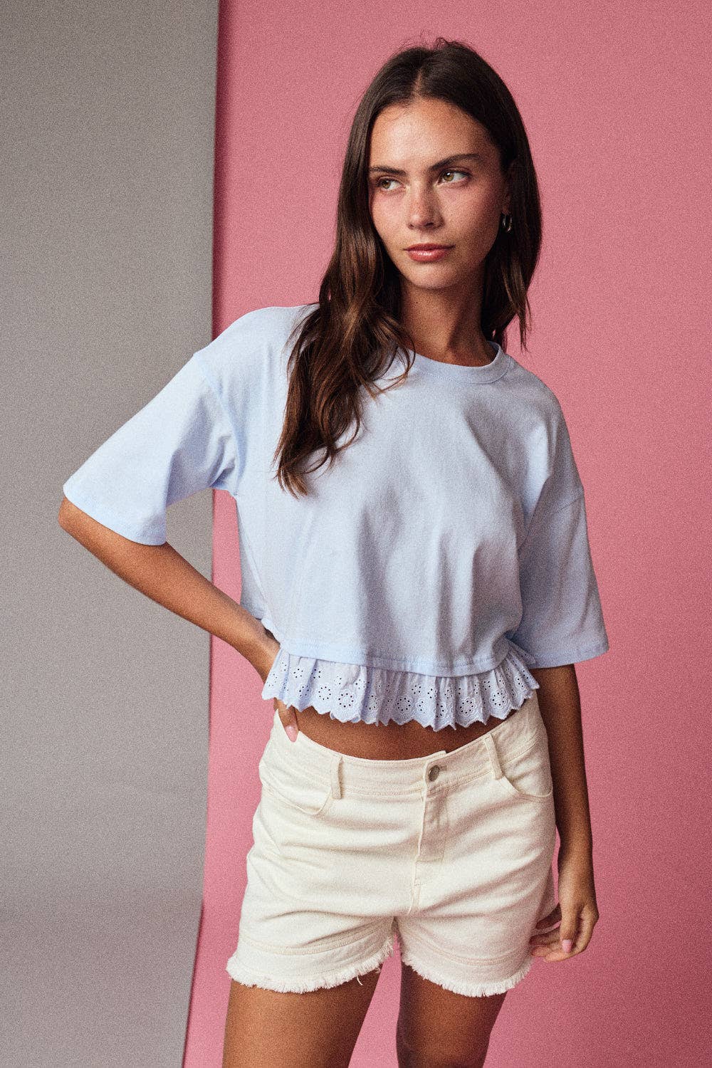 Eyelet and Boxy Knit Top in Light Blue Scalloped Crew Neck