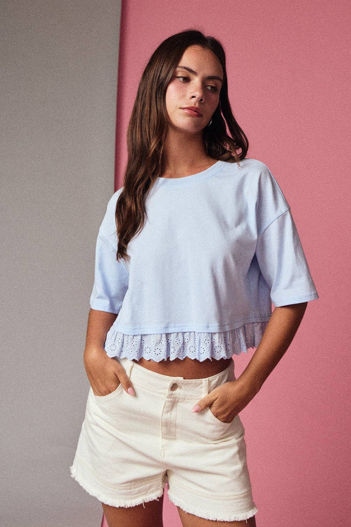 Eyelet and Boxy Knit Top in Light Blue Scalloped Crew Neck