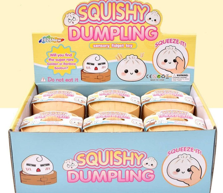 Box of Squishy Dumpling sensory fidget toys with colorful packaging.