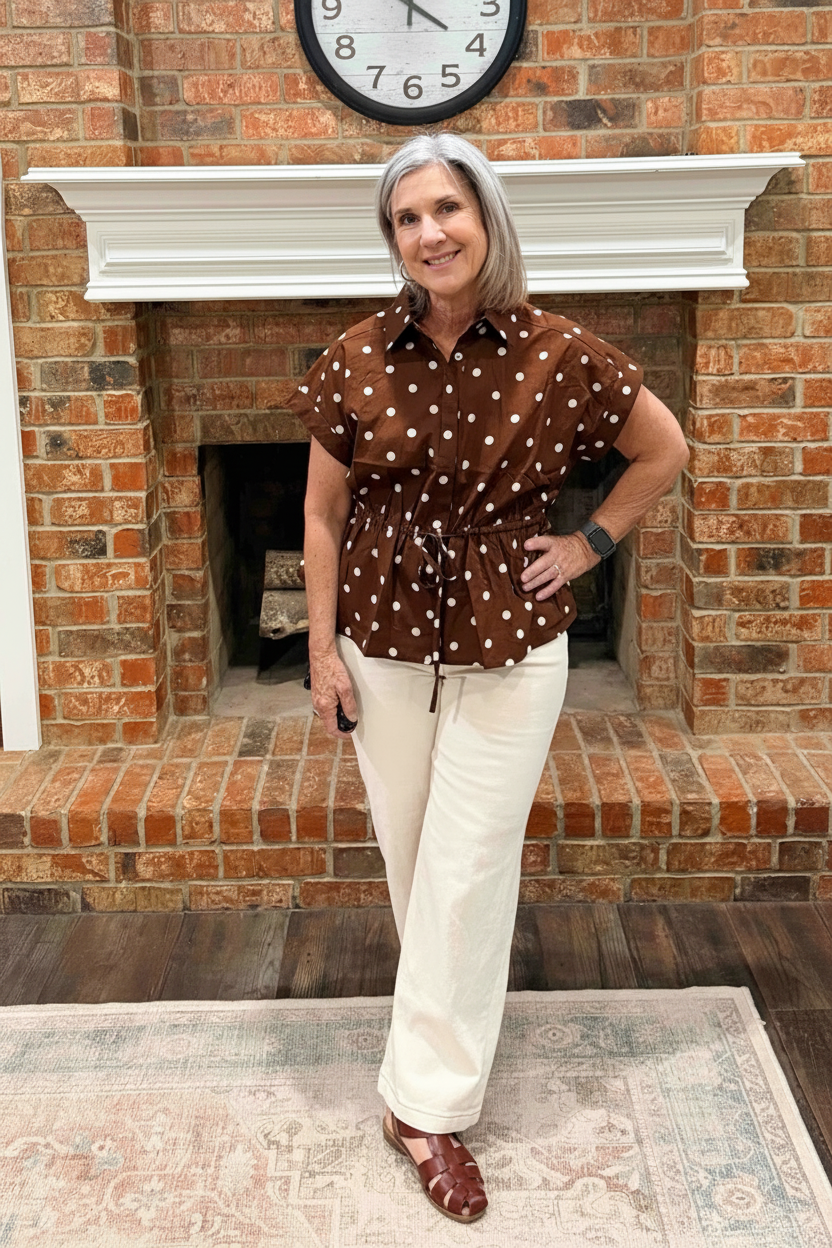 A woman with gray hair stands in front of a brick fireplace wearing a brown short-sleeve button-up shirt with white polka dots and cream-colored pants.