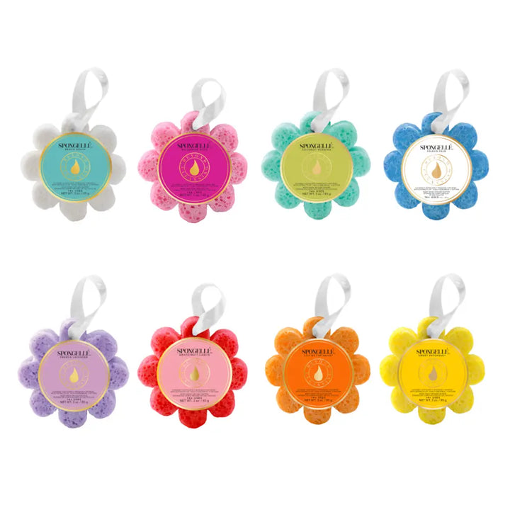 Set of colorful flower-shaped products with labels on a white background
