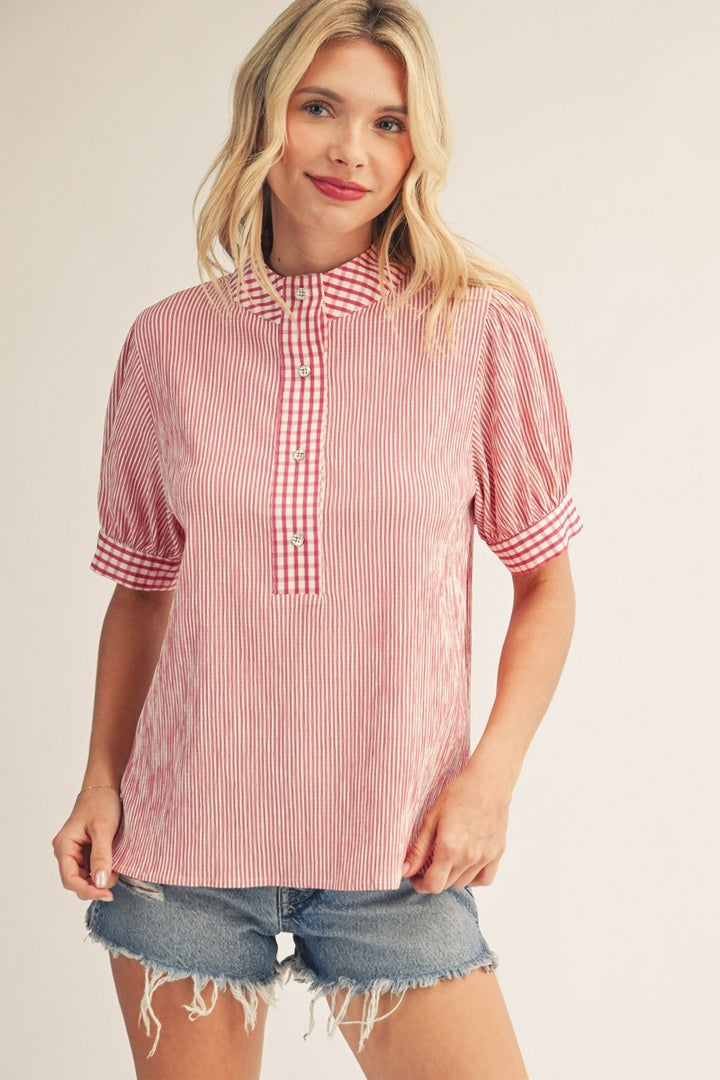 Pink and Gingham Top Denim Stripe Short Sleeve