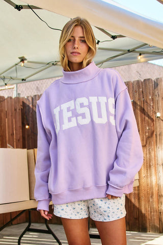 'JESUS'  Mock Neck Sweatshirt in Lavender