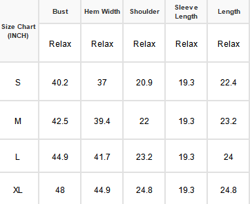 A size chart table in INCH units showing Bust, Hem Width, Shoulder, Sleeve Length, and Length measurements for S, M, L, and XL sizes.