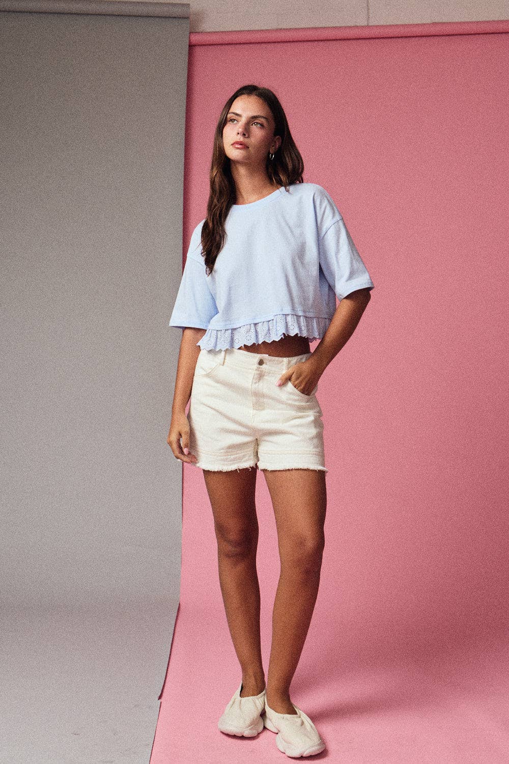 Eyelet and Boxy Knit Top in Light Blue Scalloped Crew Neck