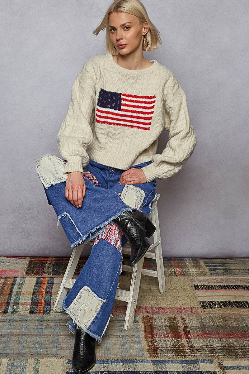 USA Flag Sweater Cable Knit Long Sleeve