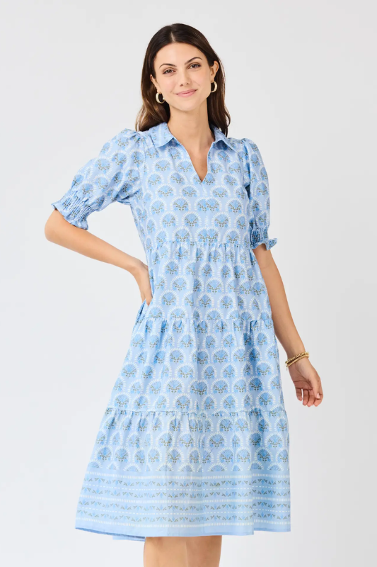 Woman wearing a blue patterned dress on a white background