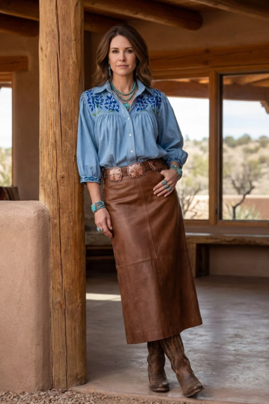 Bluebonnet Cowgirl Blouse Denim Puff Sleeve