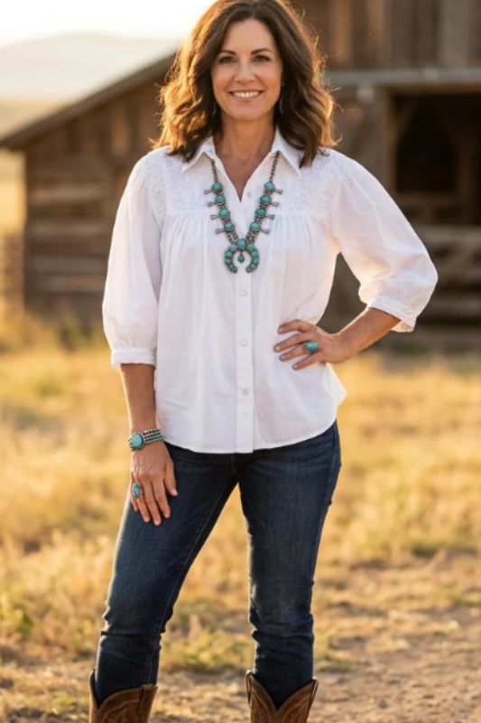 Double White Cowgirl Top Denim Western Oversized