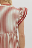 Red and white striped dress with ruffled sleeves on a plain background
