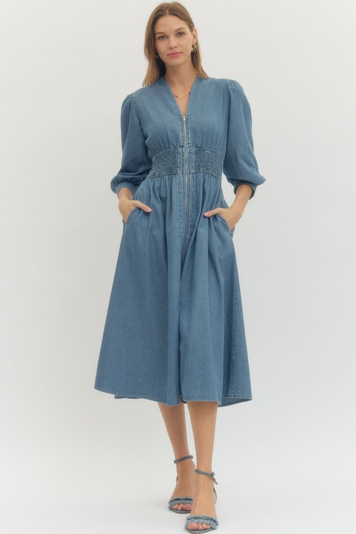 Denim Midi Dress Smocked