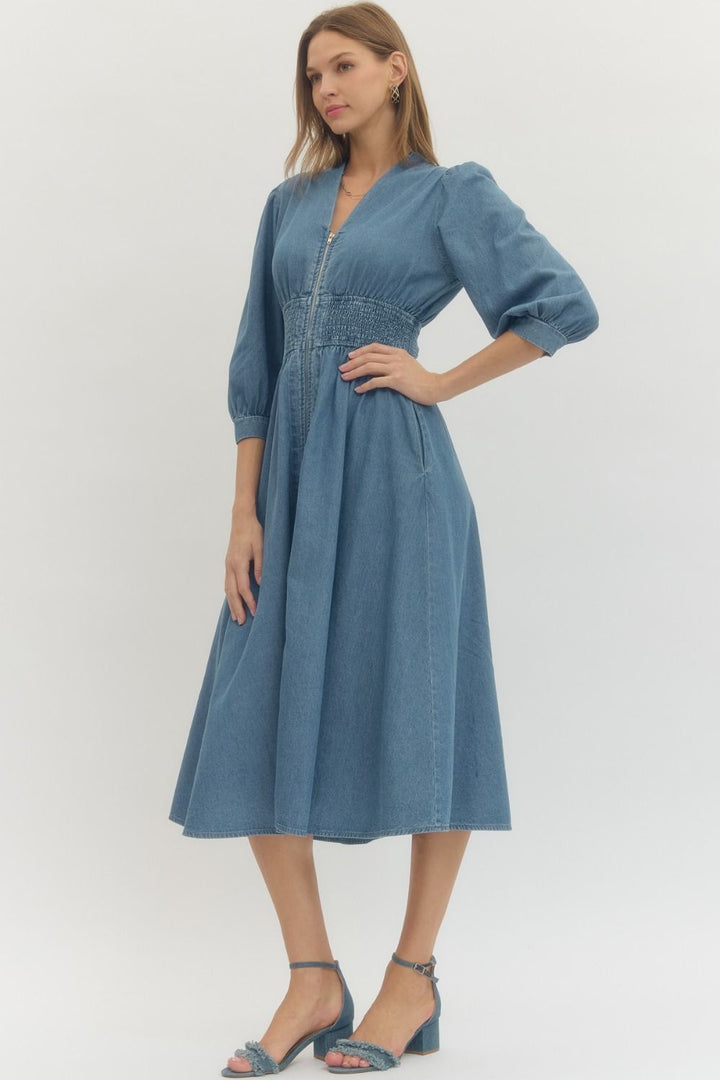 Denim Midi Dress Smocked