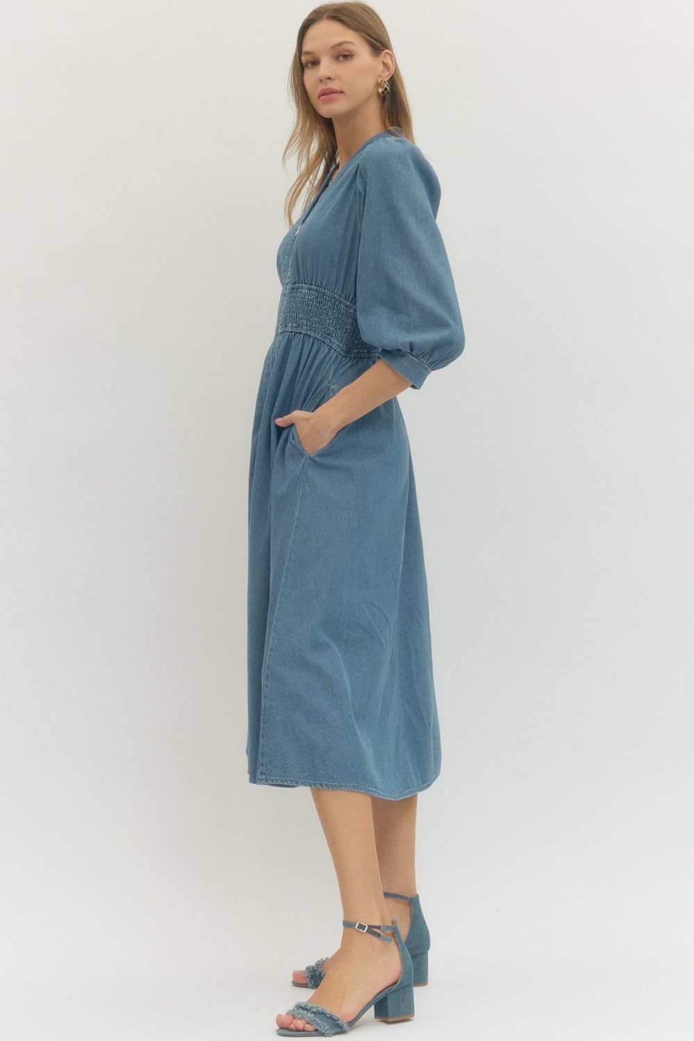 Denim Midi Dress Smocked