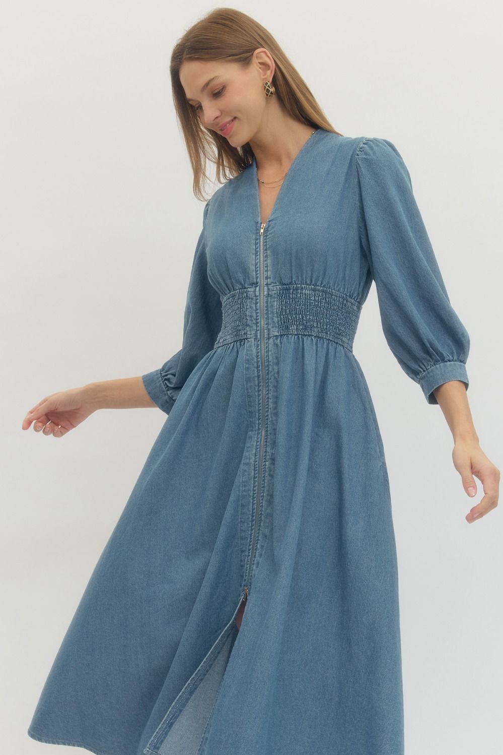 Denim Midi Dress Smocked
