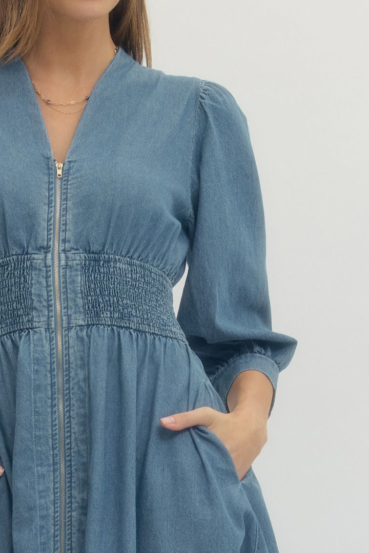 Denim Midi Dress Smocked