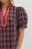 Plaid dress with red and blue pattern on a white background