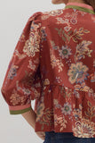 Red floral blouse with ruffled sleeves on a white background
