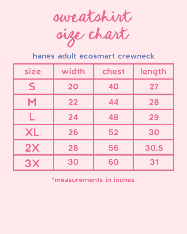 Hanes adult ecosmart crewneck sweatshirt size chart on a pink background