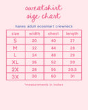 Hanes adult ecosmart crewneck sweatshirt size chart on a pink background