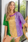 MARDI GRAS SEQUIN COLOR BLOCK HALF SLEEVES TOP