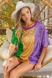 MARDI GRAS SEQUIN COLOR BLOCK HALF SLEEVES TOP